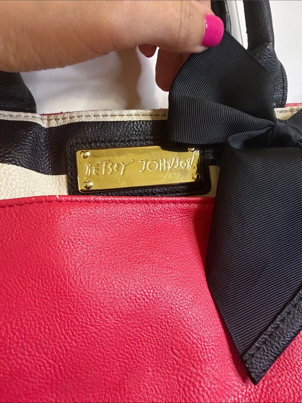 Betsey Johnson Black & White Striped Satchel with Pink Pocket and Black Bow
